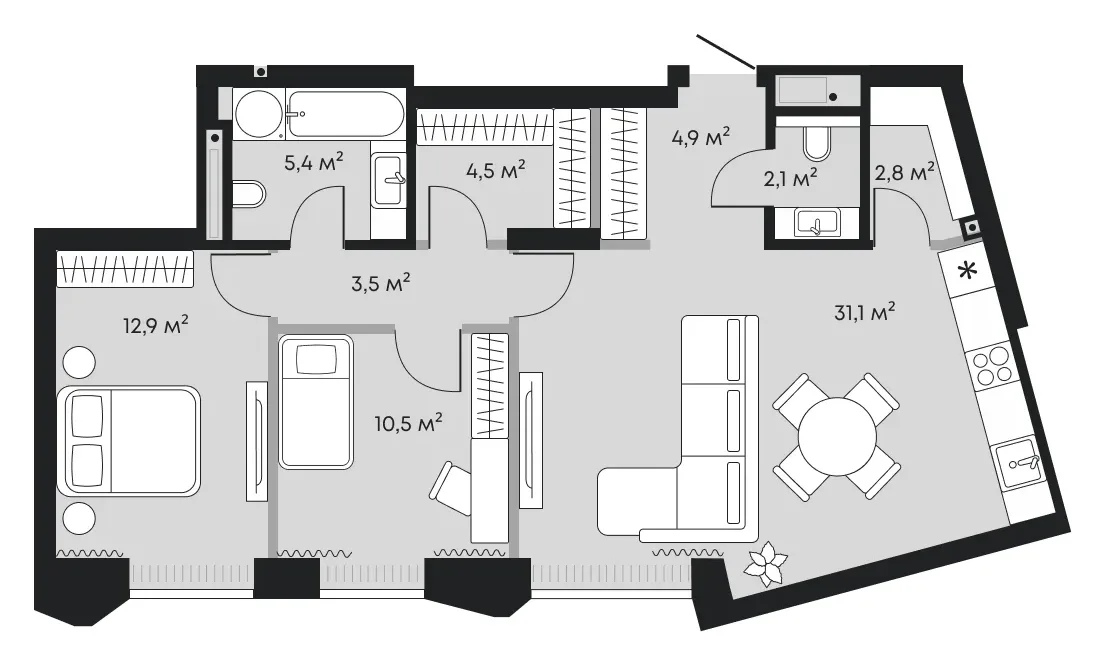 Планировка: евротрёшка 77,7 м² - ЖК Челюскинцев, 5