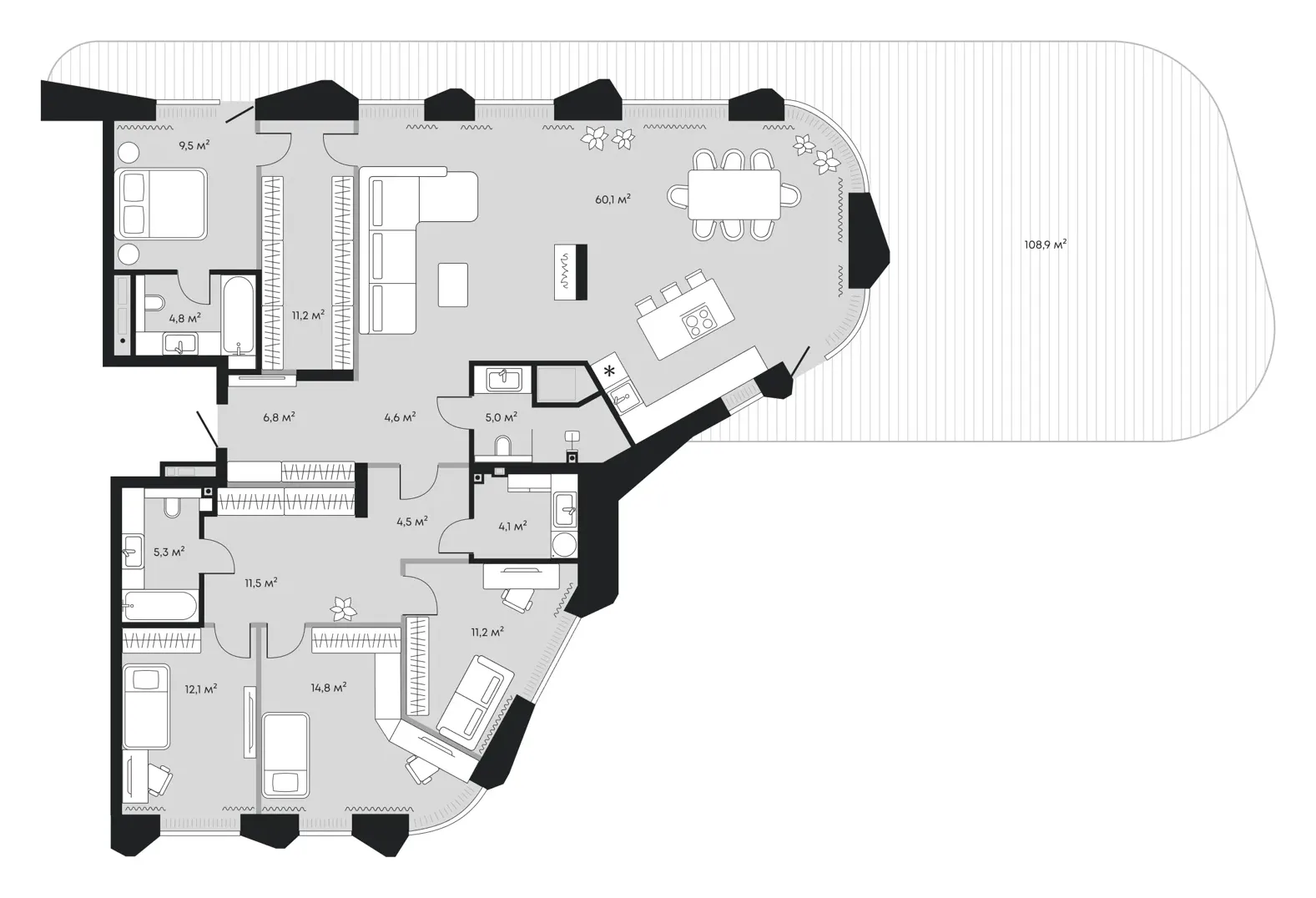 Планировка: евро-пятёшка 274,4 м² - ЖК Челюскинцев, 5
