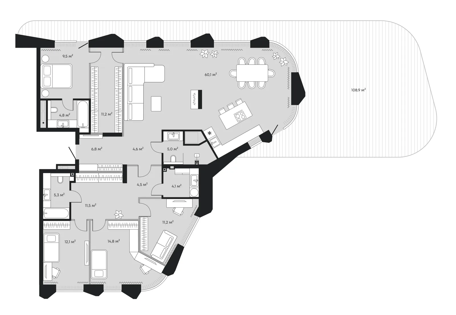 Планировка: евро-пятёшка 274,4 м² — ЖК Челюскинцев 5