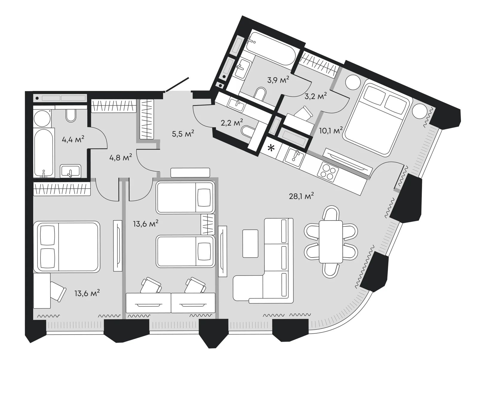 Планировка: евро-четырёшка 89,5 м² — ЖК Челюскинцев 5