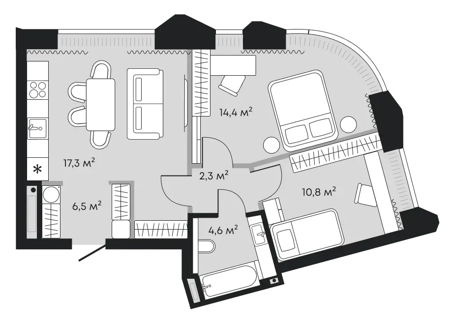 Планировка: евротрёшка 55,9 м² - ЖК Челюскинцев, 5