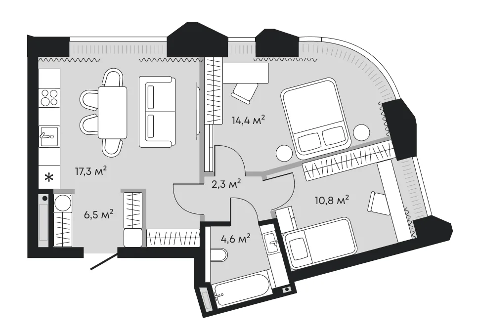 Планировка: евротрёшка 55,9 м² — ЖК Челюскинцев 5