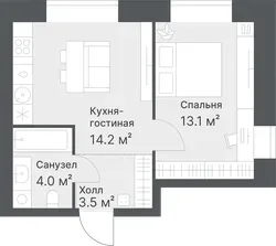 Планировка: евродвушка 34,8 м² - ЖК Дружеский