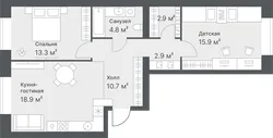 Планировка: евротрёшка 69,4 м² — ЖК Дружеский