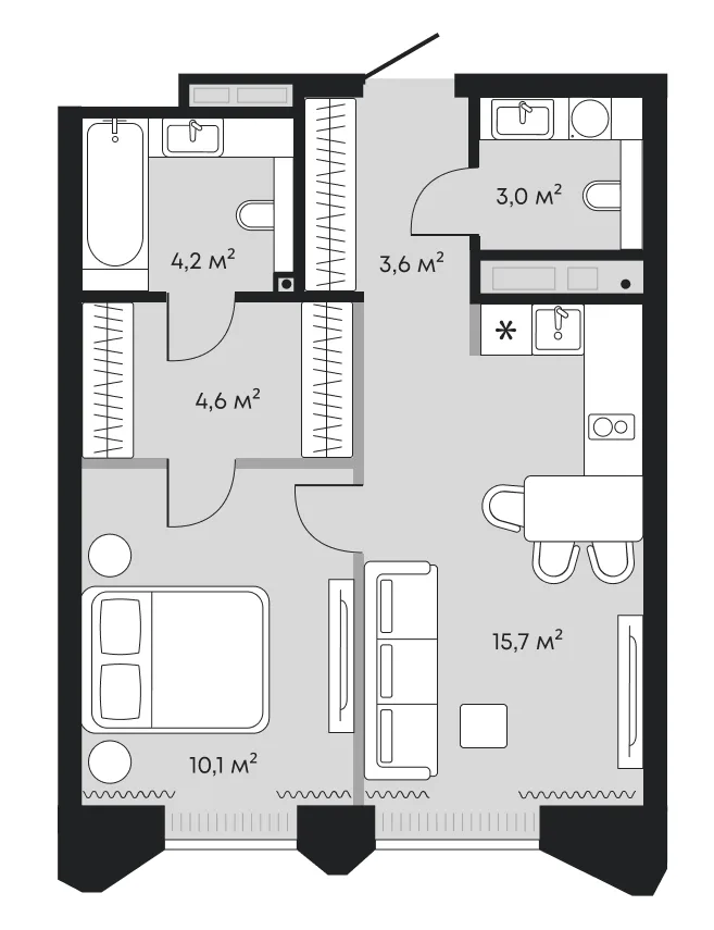 Планировка: евродвушка 41,2 м² — ЖК Челюскинцев 5