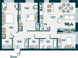 Планировка: евро-четырёшка 98,4 м² - ЖК Республика