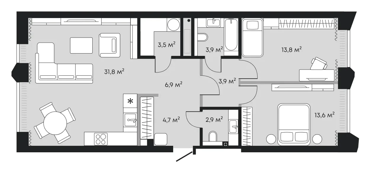 Планировка: евротрёшка 85 м² - ЖК Челюскинцев, 5