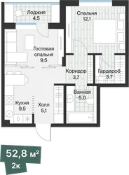 Планировка: 2-комнатная квартира 50,54 м² — ЖК Эклипт