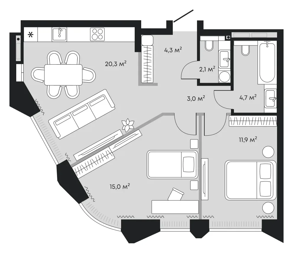Планировка: евротрёшка 61,5 м² - ЖК Челюскинцев, 5