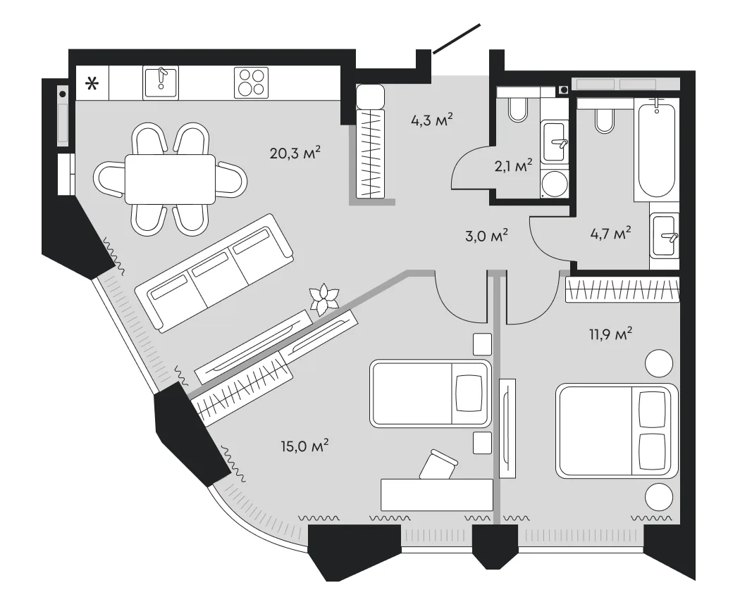 Планировка: евротрёшка 61,5 м² — ЖК Челюскинцев 5