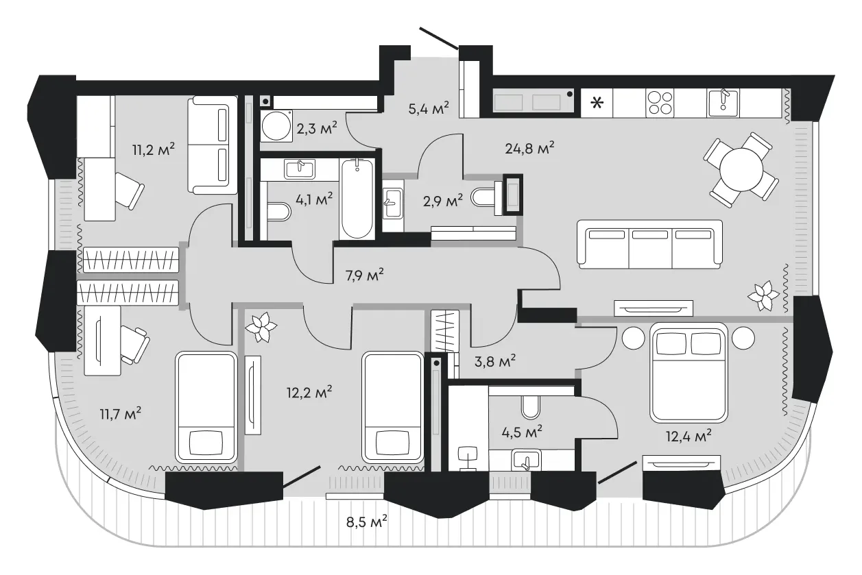 Планировка: евро-пятёшка 111,7 м² - ЖК Челюскинцев, 5