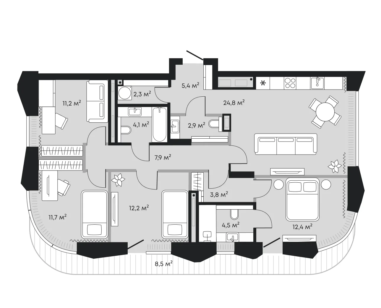Планировка: евро-пятёшка 111,7 м² — ЖК Челюскинцев 5
