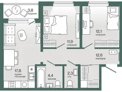 Планировка: евротрёшка 63,18 м² - ЖК Эклипт