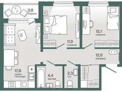 Планировка: евротрёшка 63,18 м² — ЖК Эклипт