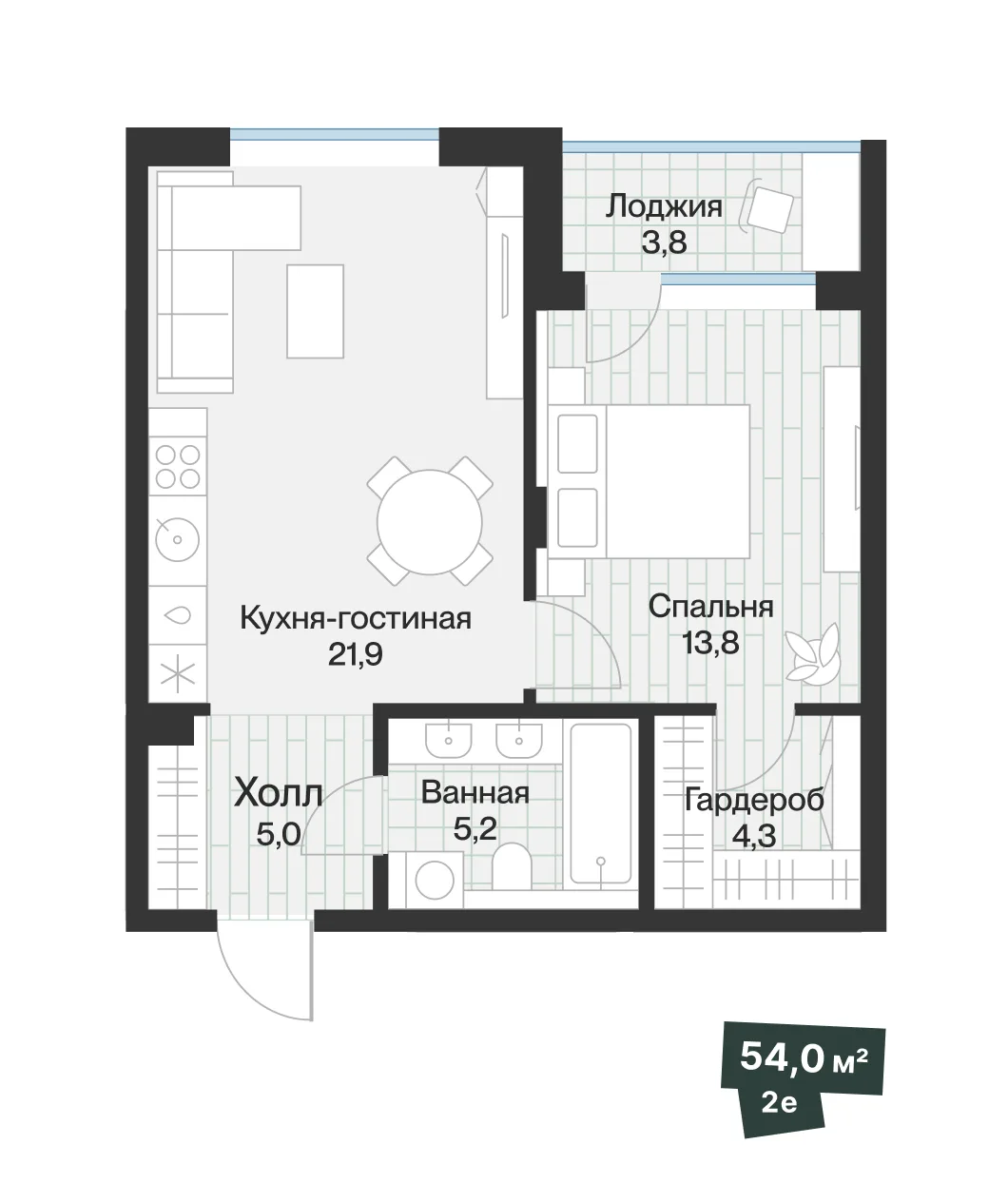 2-комнатная квартира 51,99 м² — планировка 2KMP/LG-G-S/9, фото