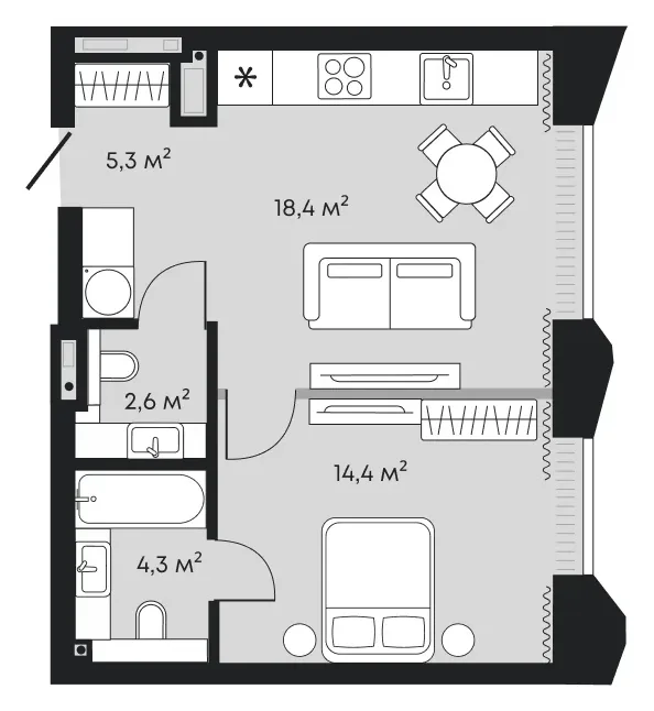 Планировка: евродвушка 45 м² - ЖК Челюскинцев, 5