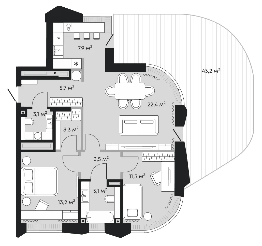 Планировка: евротрёшка 118,7 м² - ЖК Челюскинцев, 5