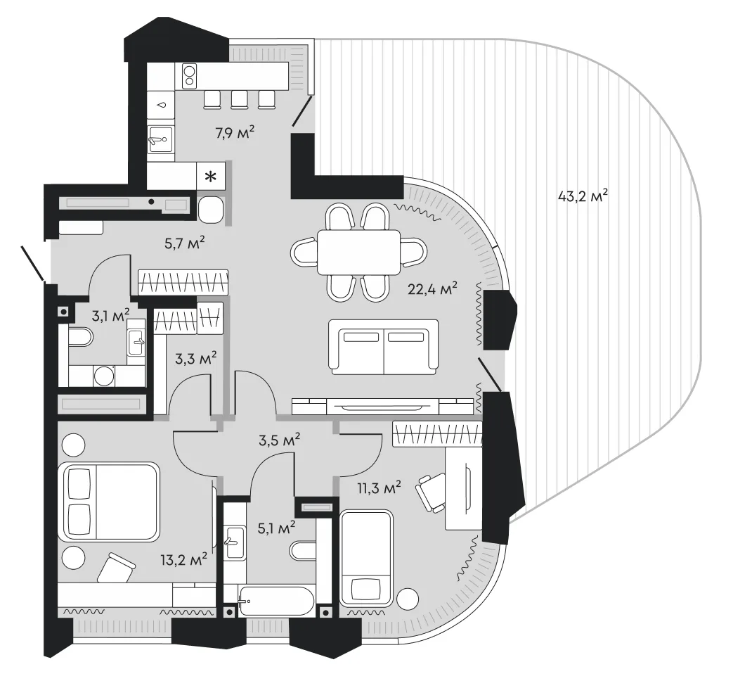 Планировка: евротрёшка 118,7 м² — ЖК Челюскинцев 5