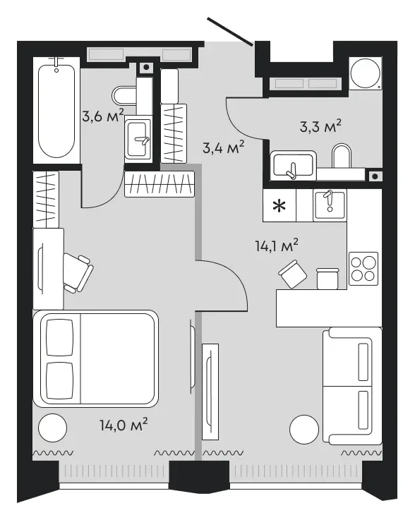 Планировка: евродвушка 38,3 м² - ЖК Челюскинцев, 5