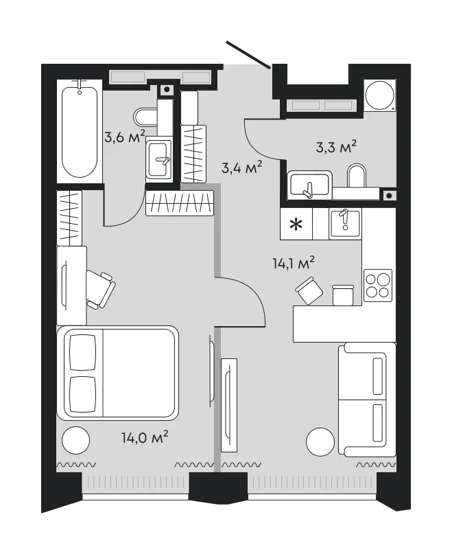 Планировка: евродвушка 38,3 м² — ЖК Челюскинцев 5