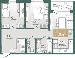 Планировка: евротрёшка 66,51 м² - ЖК Эклипт