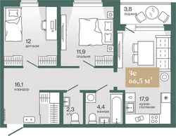 Планировка: евротрёшка 66,51 м² — ЖК Эклипт