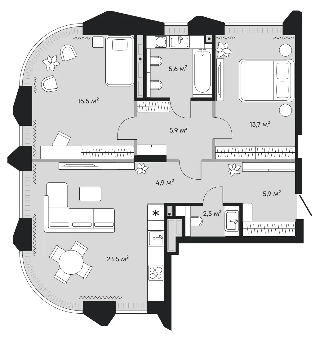 Планировка: евротрёшка 78,5 м² - ЖК Челюскинцев, 5