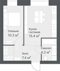 Планировка: евродвушка 37,4 м² - ЖК Дружеский