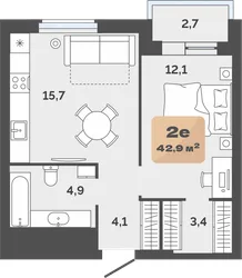 Планировка: евродвушка 41,55 м² — ЖК Баланс