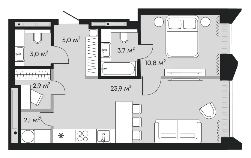 Планировка: евродвушка 51,4 м² - ЖК Челюскинцев, 5