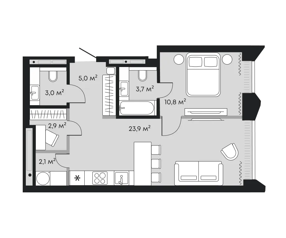 Планировка: евродвушка 51,4 м² — ЖК Челюскинцев 5