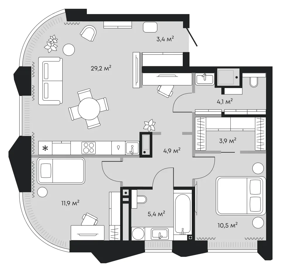 Планировка: евротрёшка 73,3 м² - ЖК Челюскинцев, 5