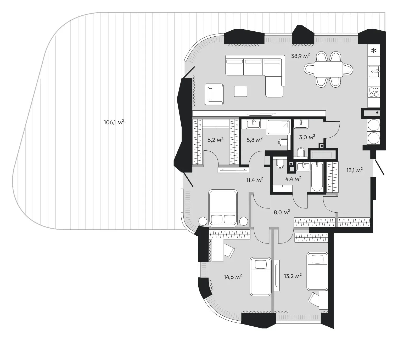 Планировка: евро-четырёшка 224,7 м² - ЖК Челюскинцев, 5