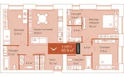 Планировка: евро-четырёшка 95,9 м² - ЖК Спасская