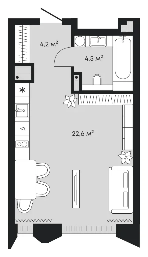 Планировка: студия 31,3 м² - ЖК Челюскинцев, 5