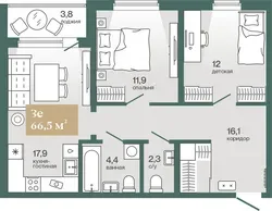 Планировка: евротрёшка 66,51 м² - ЖК Эклипт