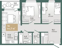 Планировка: евротрёшка 66,51 м² — ЖК Эклипт