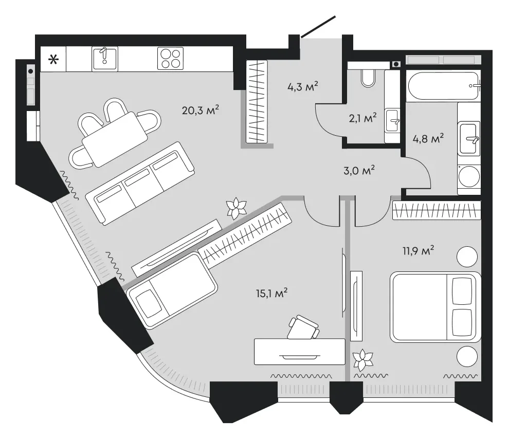 Планировка: евротрёшка 61,5 м² - ЖК Челюскинцев, 5