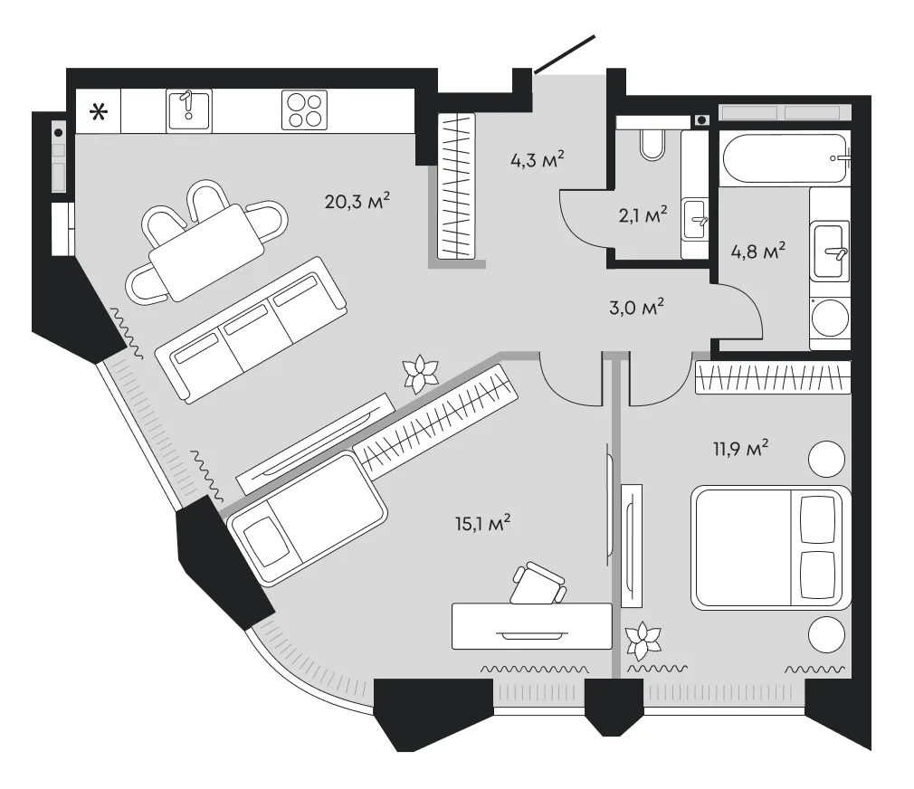 Планировка: евротрёшка 61,5 м² — ЖК Челюскинцев 5