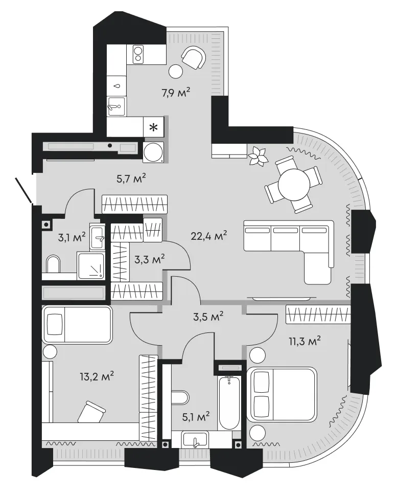 Планировка: евротрёшка 75,5 м² - ЖК Челюскинцев, 5