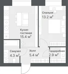 Планировка: евродвушка 41,2 м² - ЖК Дружеский