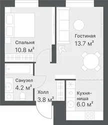 Планировка: евродвушка 38,5 м² - ЖК Дружеский