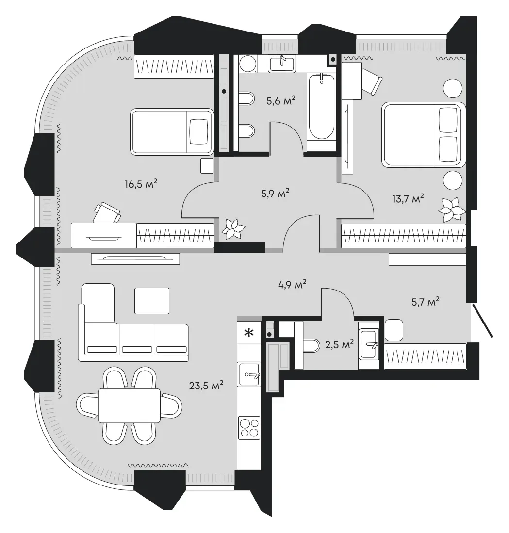Планировка: евротрёшка 78,5 м² - ЖК Челюскинцев, 5