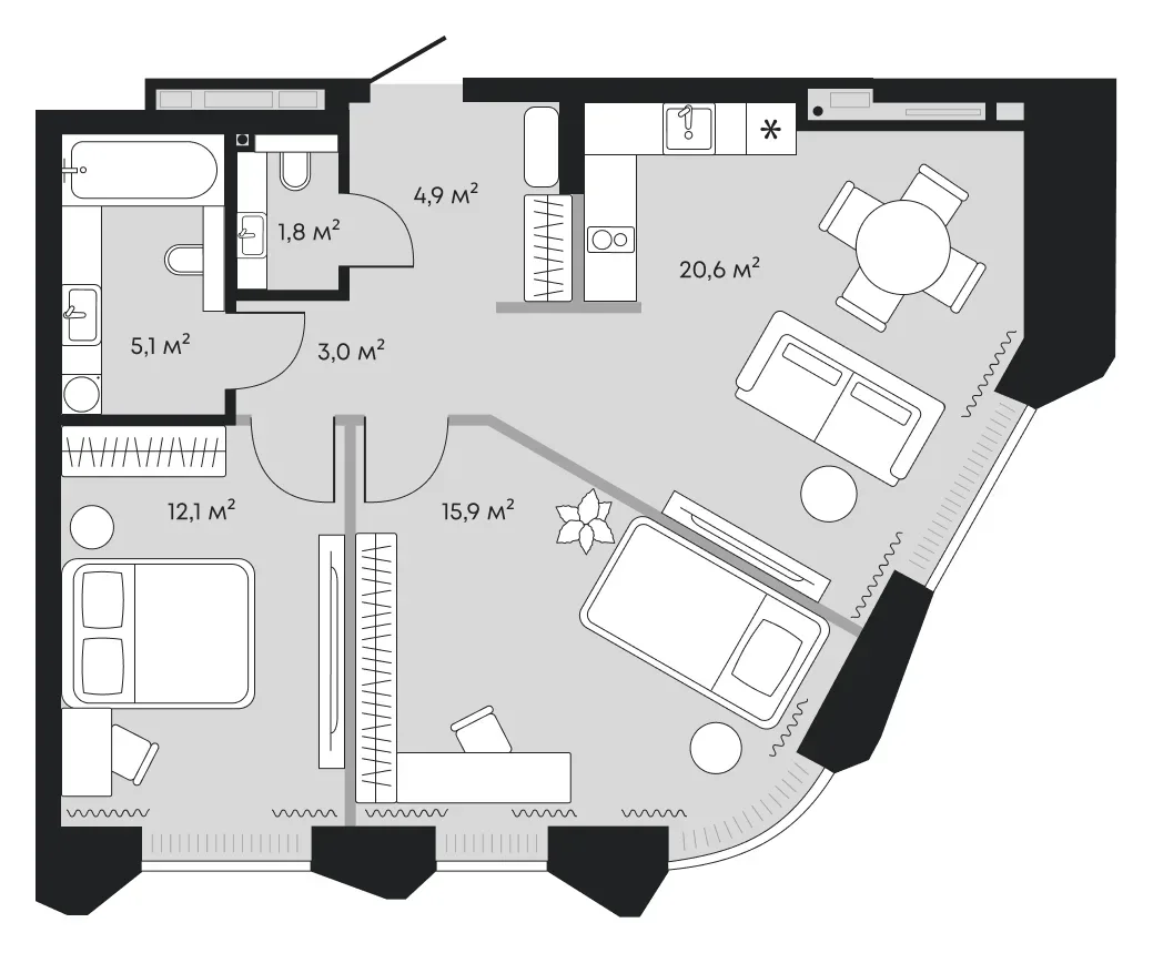 Планировка: евротрёшка 63,4 м² - ЖК Челюскинцев, 5