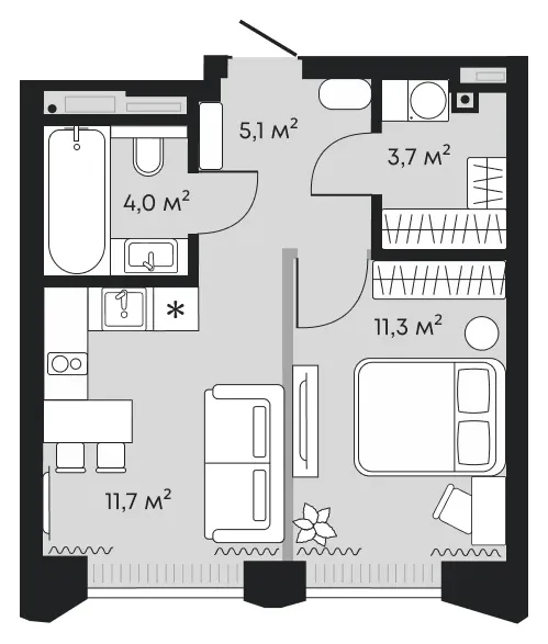 Планировка: 1-комнатная квартира 35,8 м² - ЖК Челюскинцев, 5