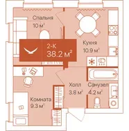 Планировка: 2-комнатная квартира 38,2 м² - ЖК Спасская