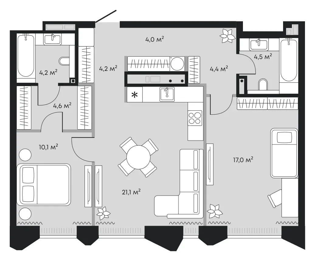 Планировка: евротрёшка 74,1 м² - ЖК Челюскинцев, 5