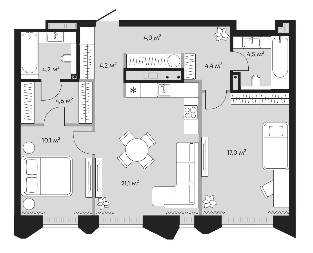 Планировка: евротрёшка 74,1 м² — ЖК Челюскинцев 5