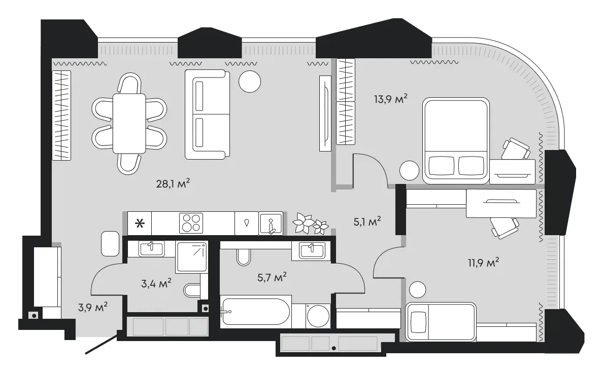 Планировка: евротрёшка 72 м² - ЖК Челюскинцев, 5