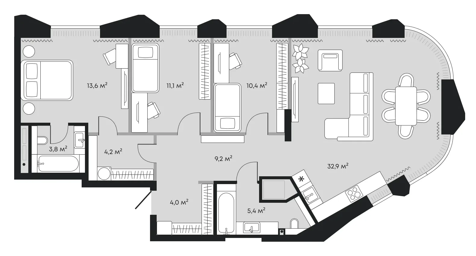 Планировка: евро-четырёшка 94,5 м² - ЖК Челюскинцев, 5